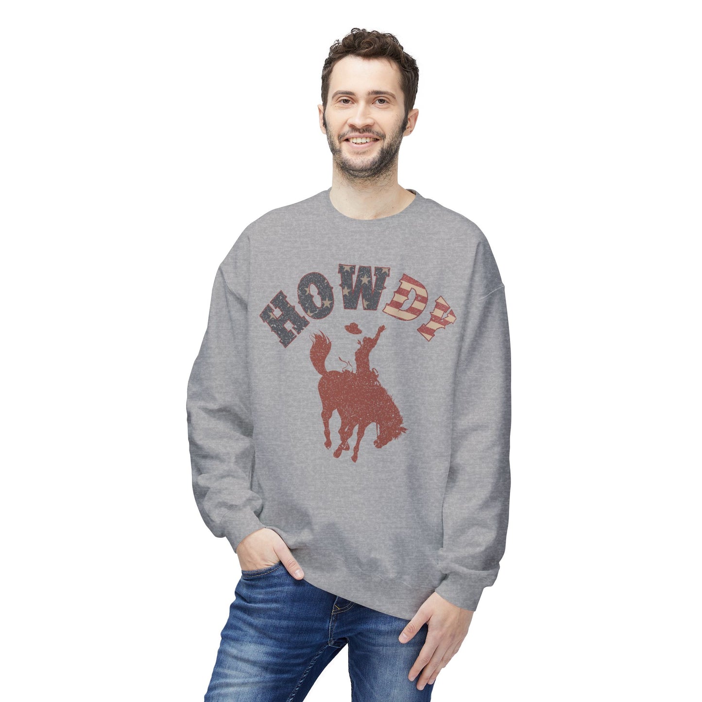 Howdy Cowboy Fleece Crewneck Sweatshirt, Casual Wear, Western Fashion, Gift for Him, Cozy Outfit, Holiday Present