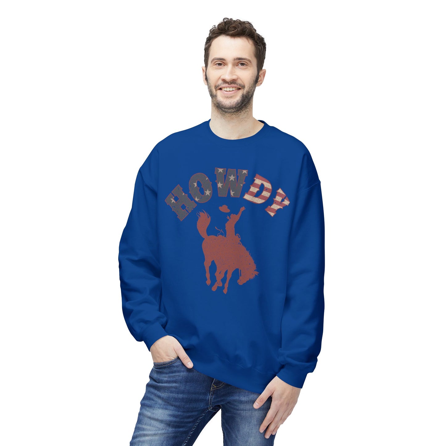 Howdy Cowboy Fleece Crewneck Sweatshirt, Casual Wear, Western Fashion, Gift for Him, Cozy Outfit, Holiday Present