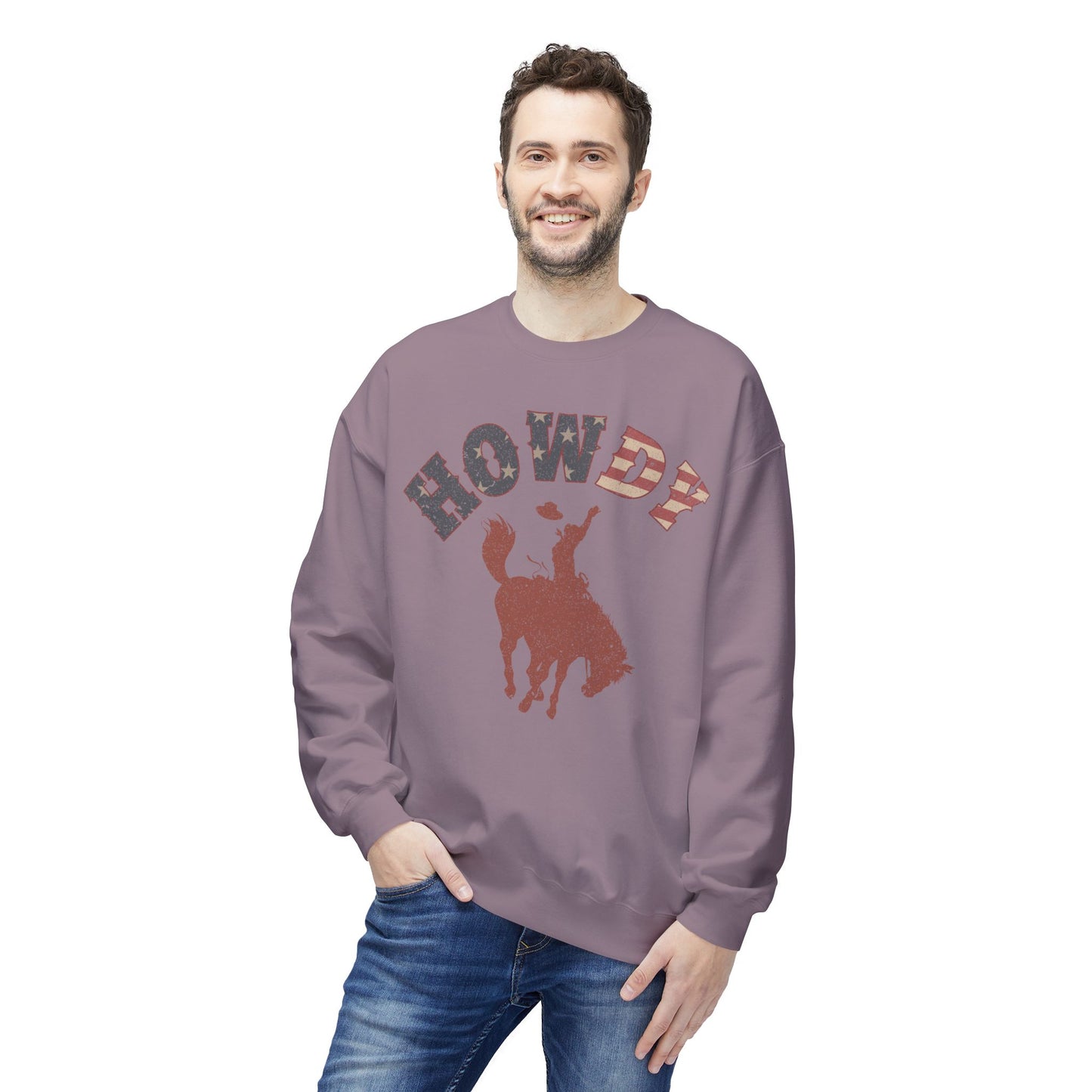 Howdy Cowboy Fleece Crewneck Sweatshirt, Casual Wear, Western Fashion, Gift for Him, Cozy Outfit, Holiday Present