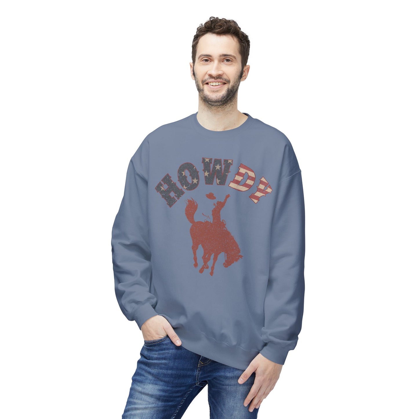 Howdy Cowboy Fleece Crewneck Sweatshirt, Casual Wear, Western Fashion, Gift for Him, Cozy Outfit, Holiday Present