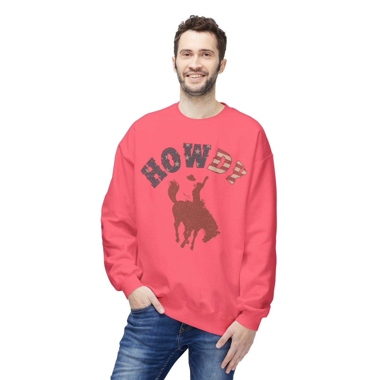 Howdy Cowboy Fleece Crewneck Sweatshirt, Casual Wear, Western Fashion, Gift for Him, Cozy Outfit, Holiday Present
