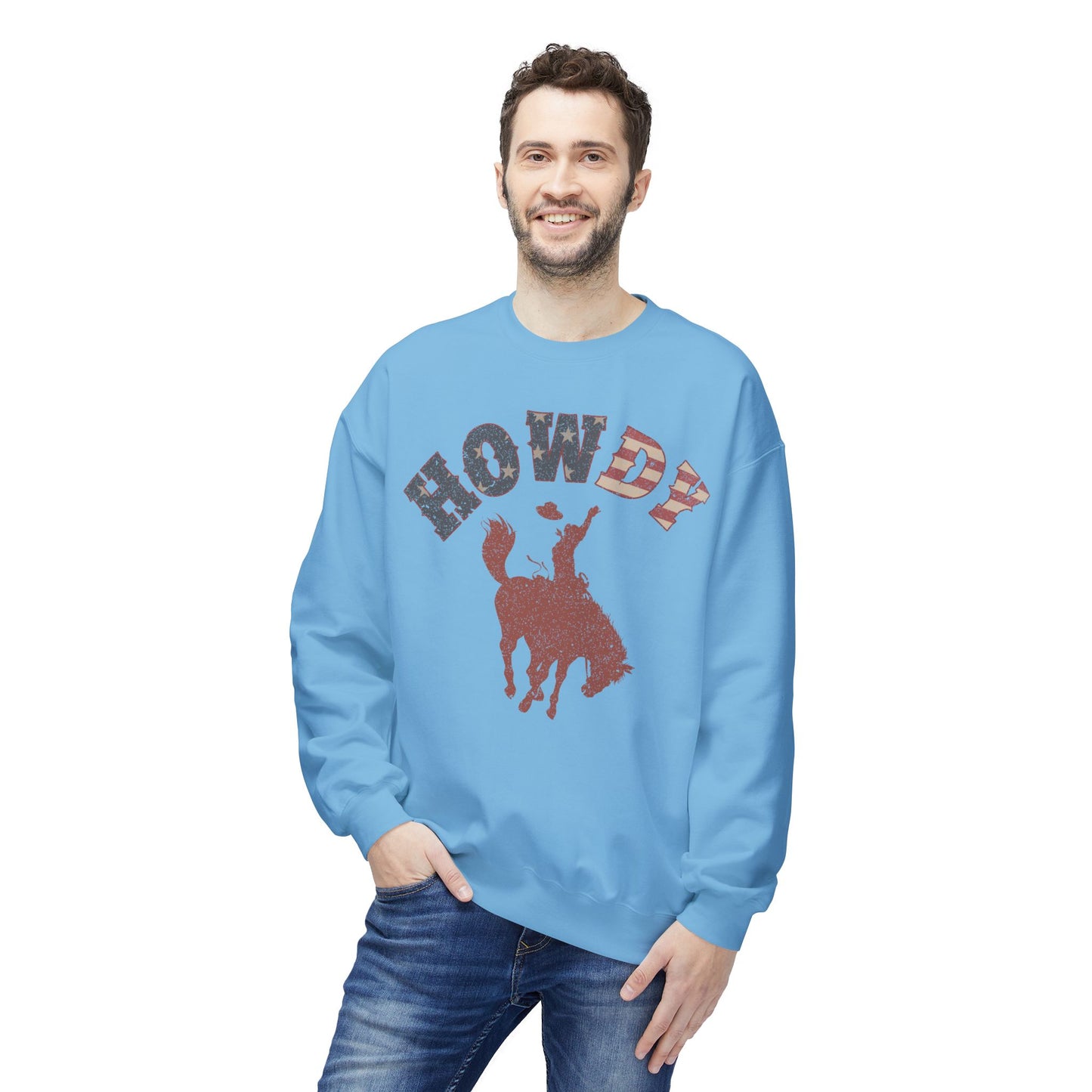 Howdy Cowboy Fleece Crewneck Sweatshirt, Casual Wear, Western Fashion, Gift for Him, Cozy Outfit, Holiday Present