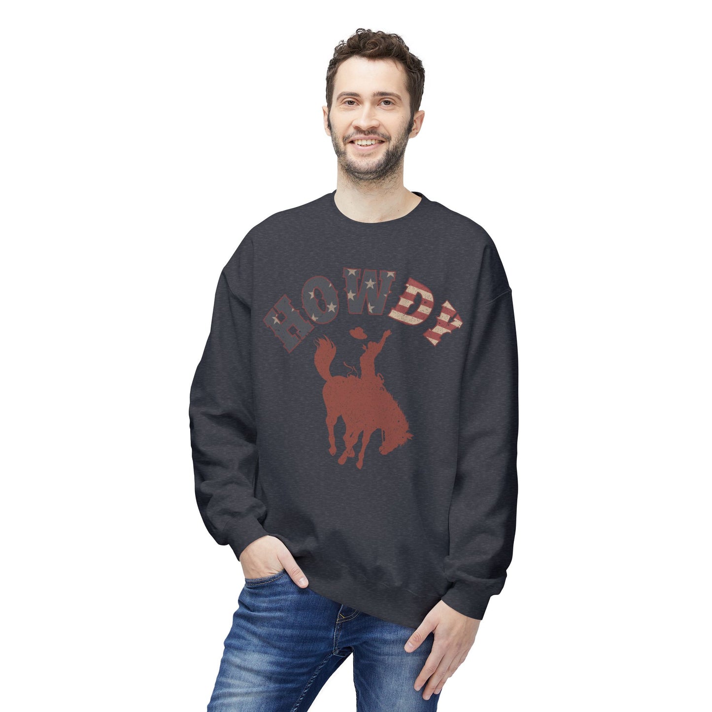 Howdy Cowboy Fleece Crewneck Sweatshirt, Casual Wear, Western Fashion, Gift for Him, Cozy Outfit, Holiday Present