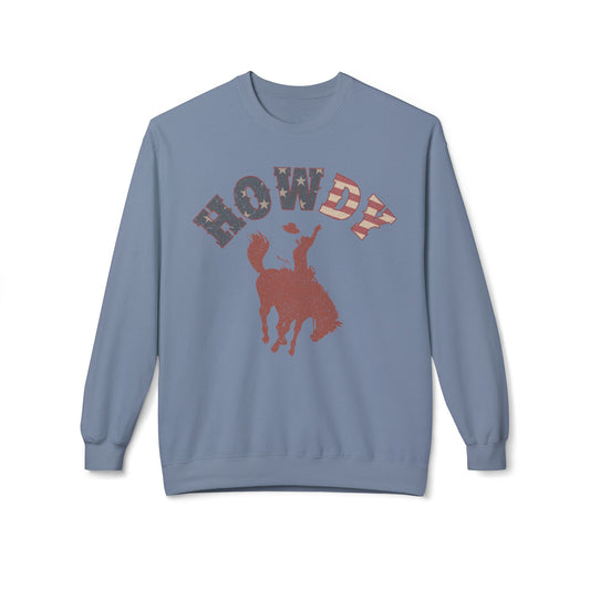 Howdy Cowboy Fleece Crewneck Sweatshirt, Casual Wear, Western Fashion, Gift for Him, Cozy Outfit, Holiday Present